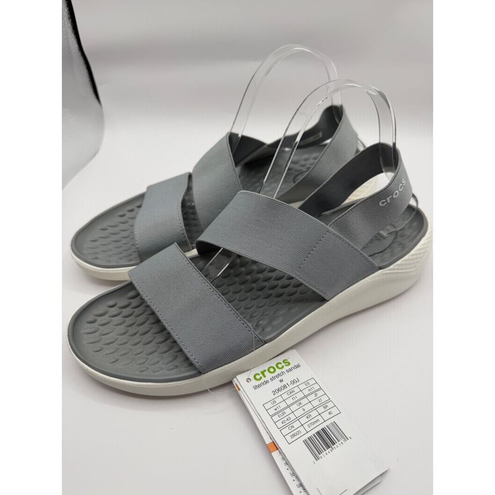 Crocs LiteRide Stretch Sandal Women 11 Grey White 206081-00J Elastic Strappy NWT